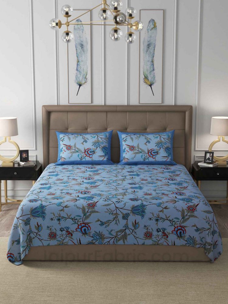 Blue Floral Cotton King Size Double Bedsheet