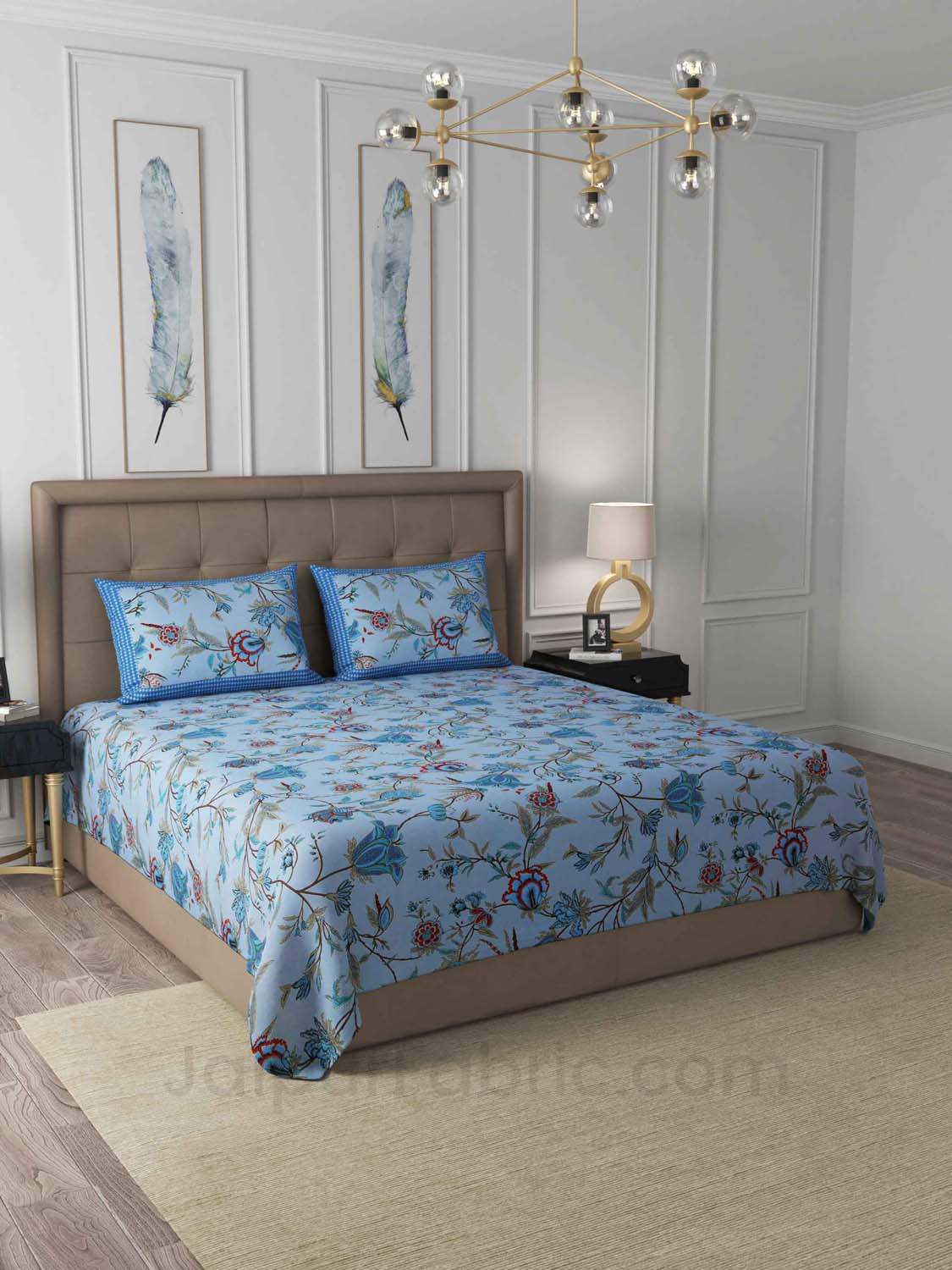 Blue Floral Cotton King Size Double Bedsheet