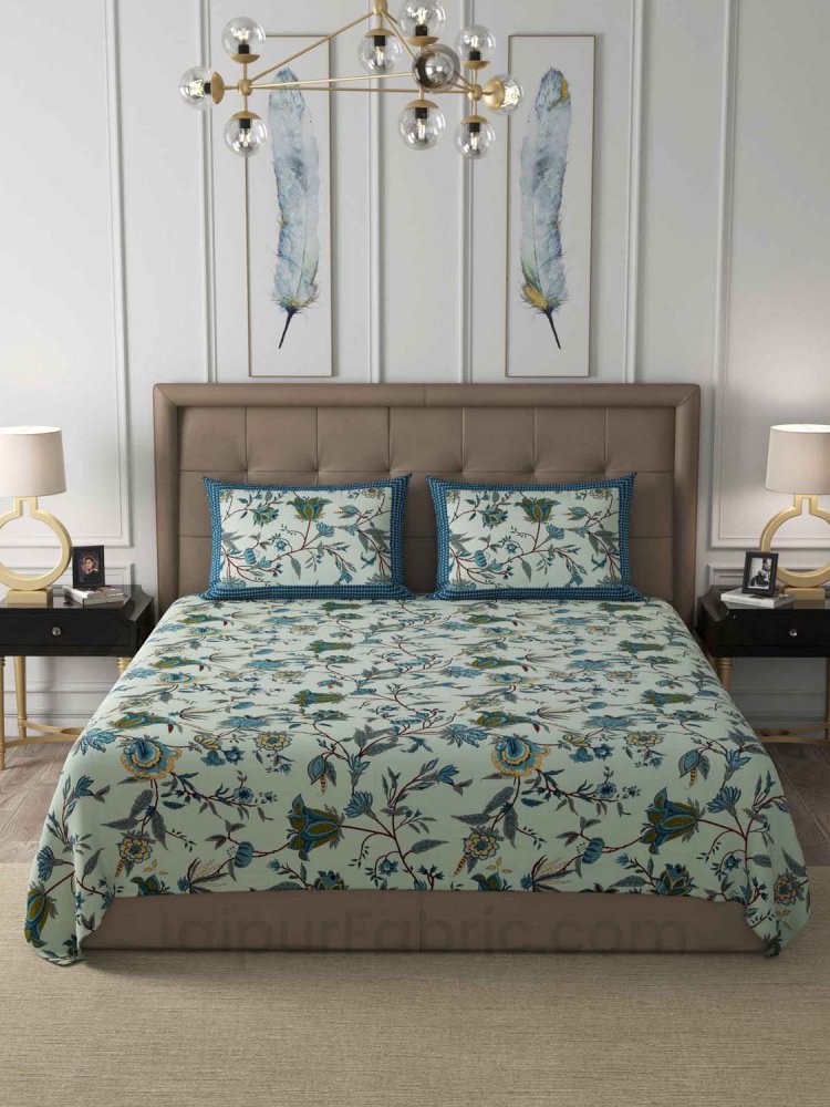 Green Floral Cotton King Size Double Bedsheet