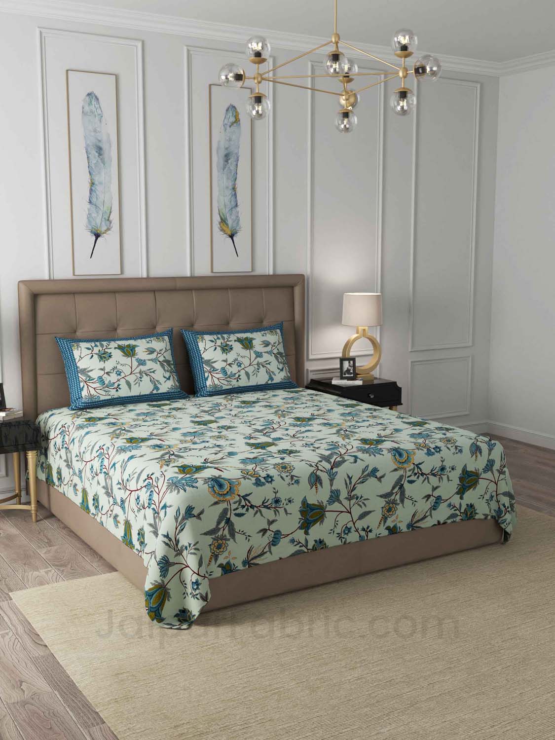 Green Floral Cotton King Size Double Bedsheet