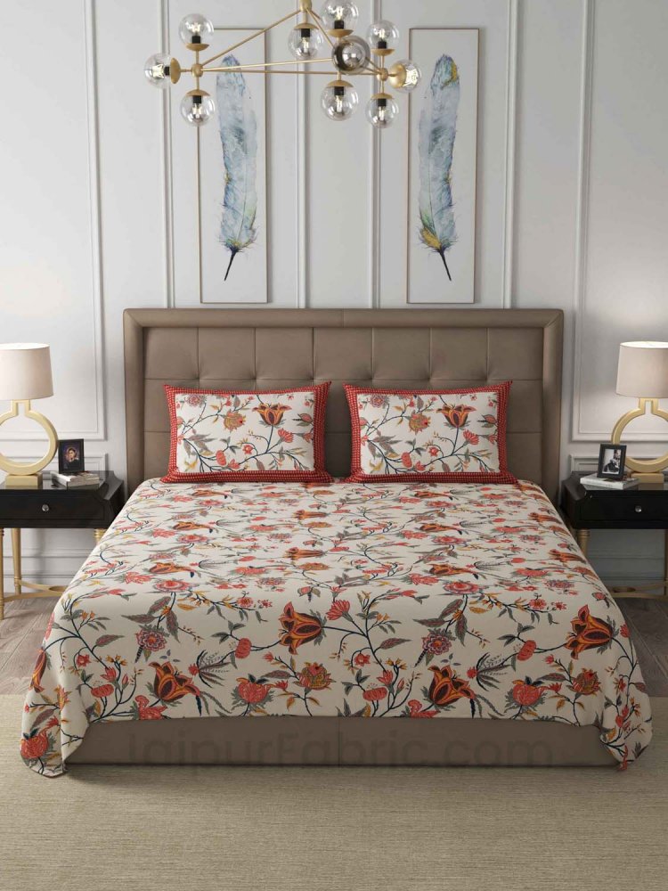 Red Floral Cotton King Size Double Bedsheet