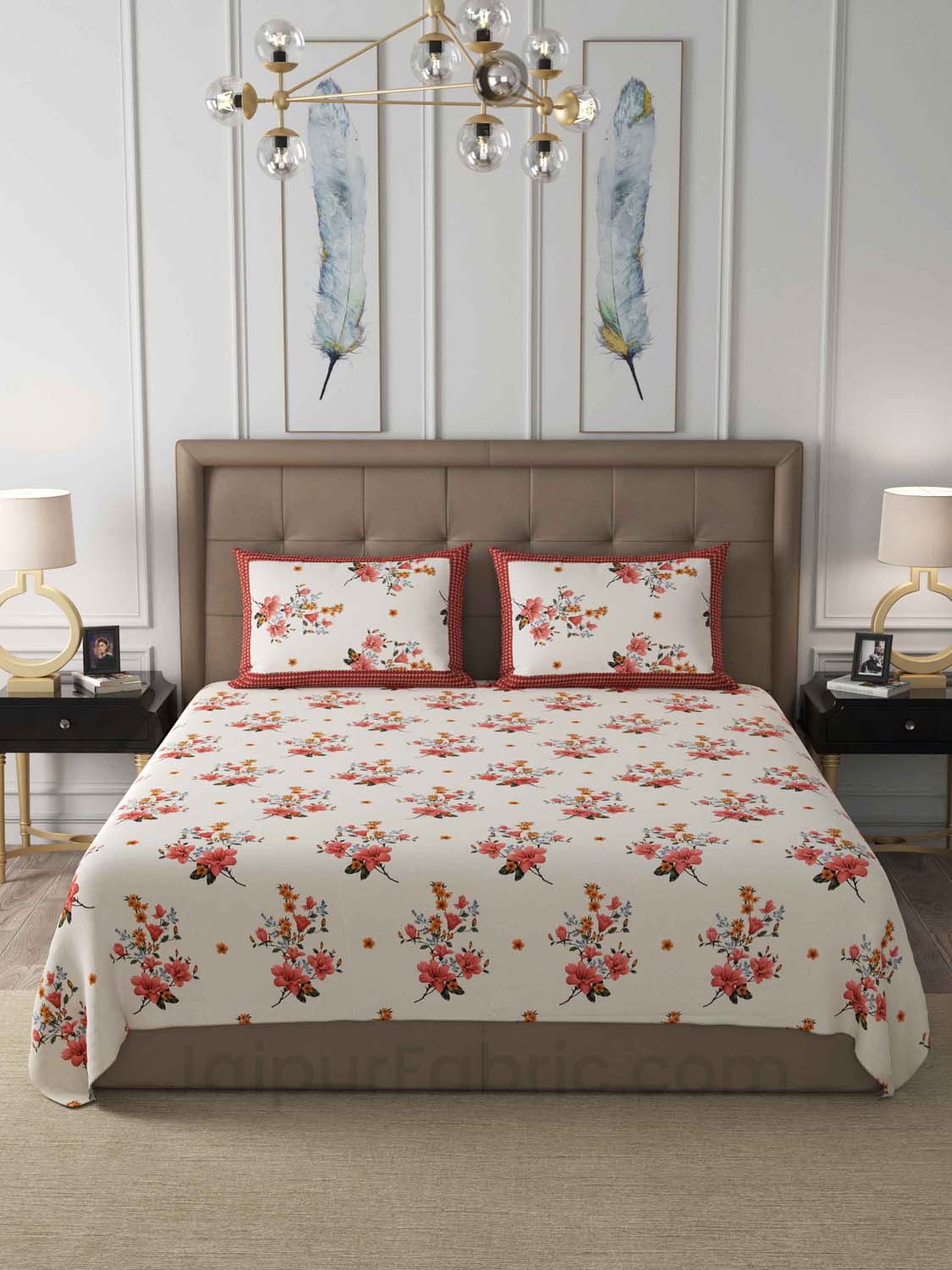 Red Flowers Cotton King Size Double Bedsheet