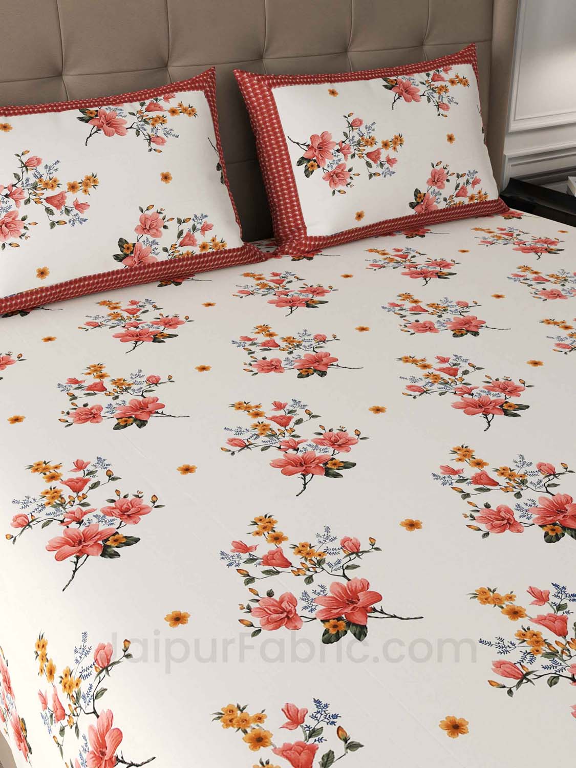 Red Flowers Cotton King Size Double Bedsheet