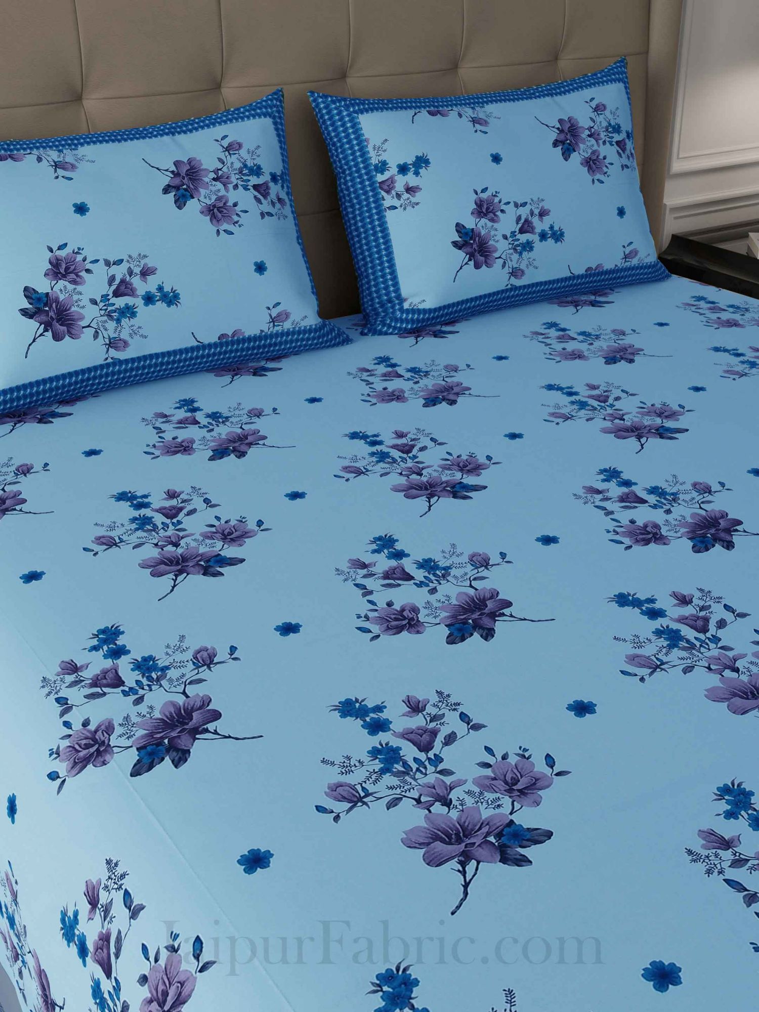 Blue Flowers Cotton King Size Double Bedsheet