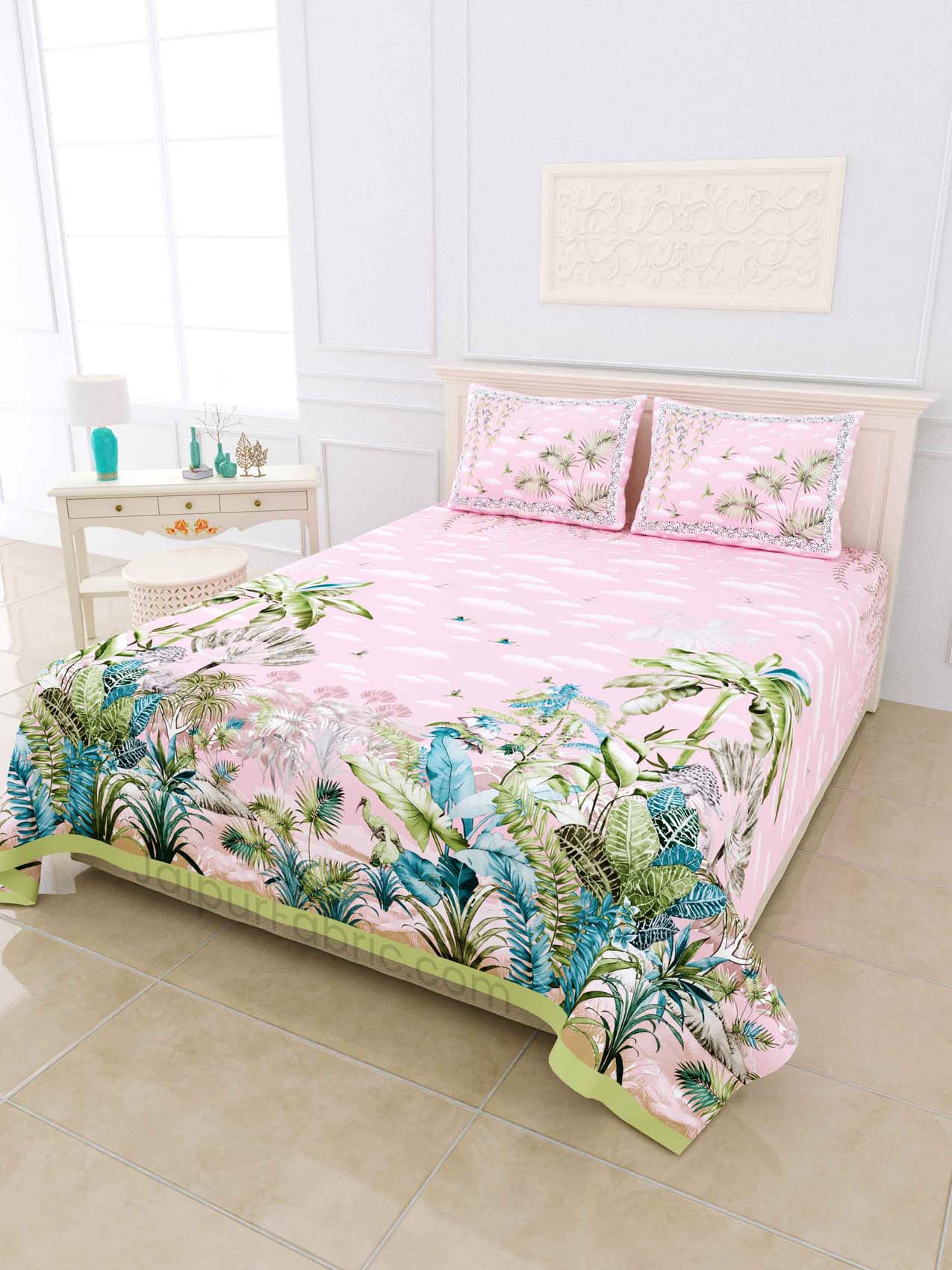 Cyperus Pink Digital Print Luxury Cotton King Size Bedsheet