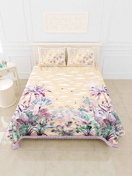 Cyperus Cream Digital Print Luxury Cotton King Size Bedsheet