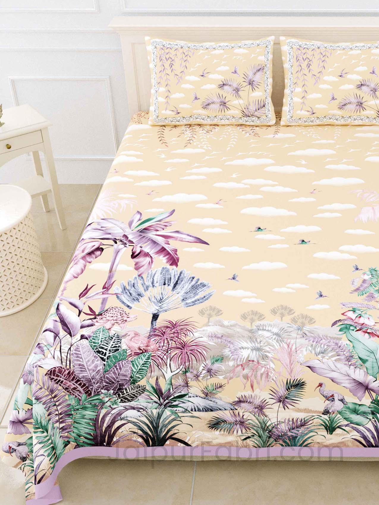 Cyperus Cream Digital Print Luxury Cotton King Size Bedsheet