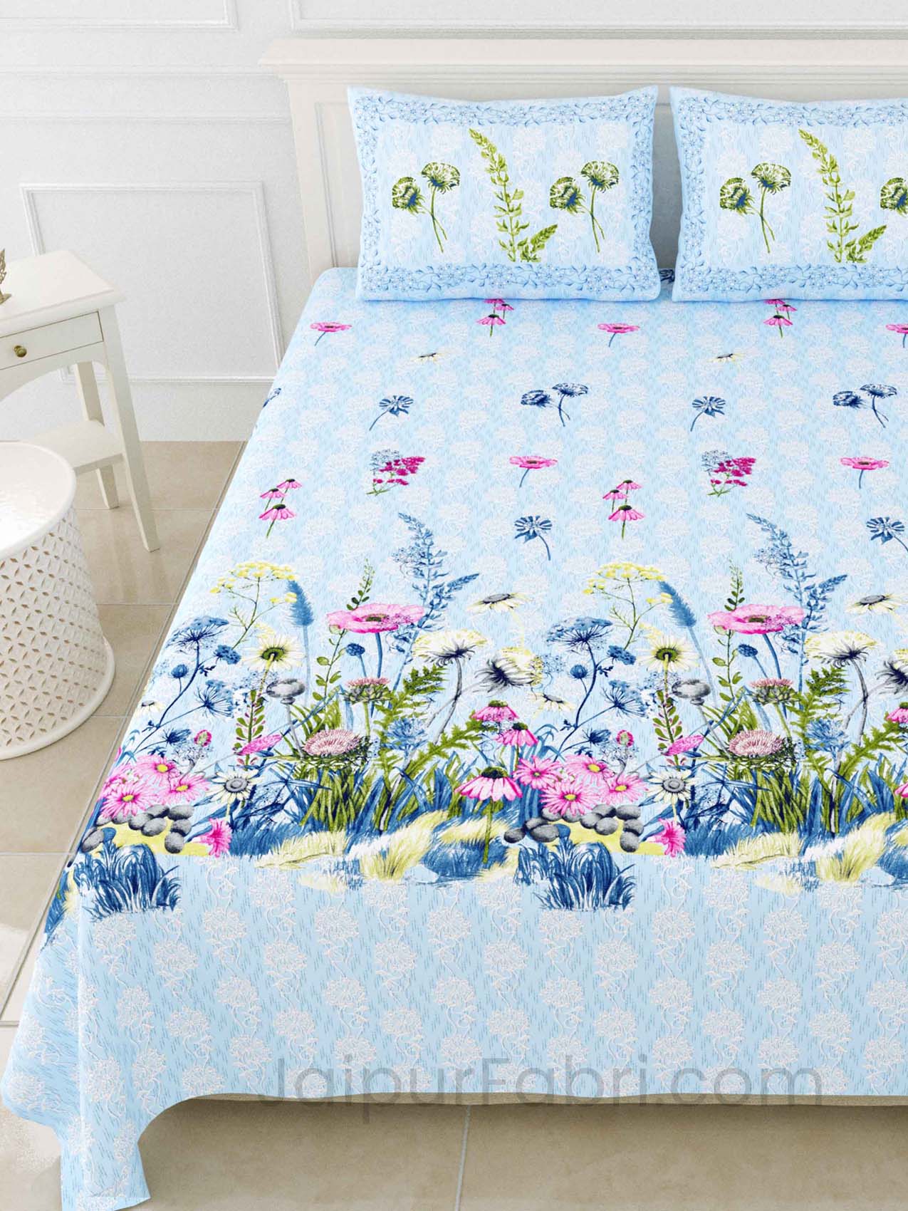 Flora Aquatic Digital Print Luxury Cotton King Size Bedsheet