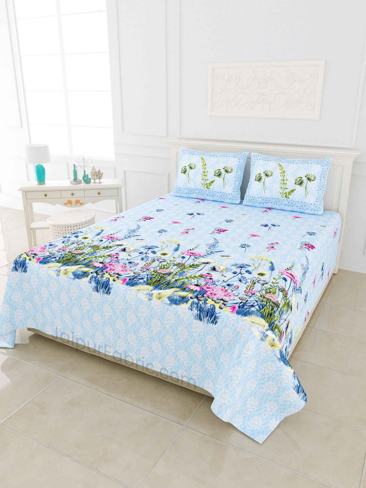 Flora Aquatic Digital Print Luxury Cotton King Size Bedsheet