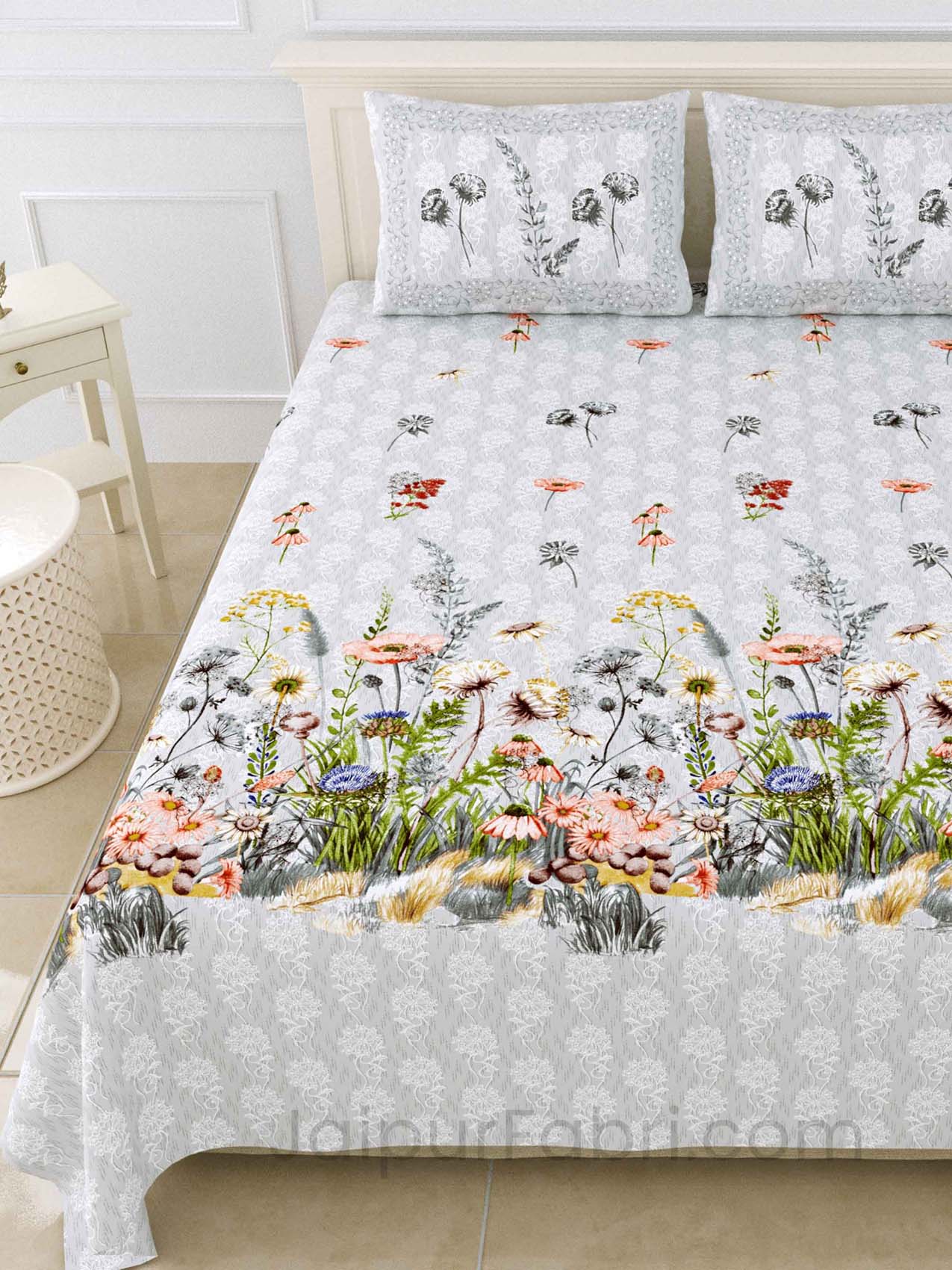 Flora Mist Digital Print Luxury Cotton King Size Bedsheet
