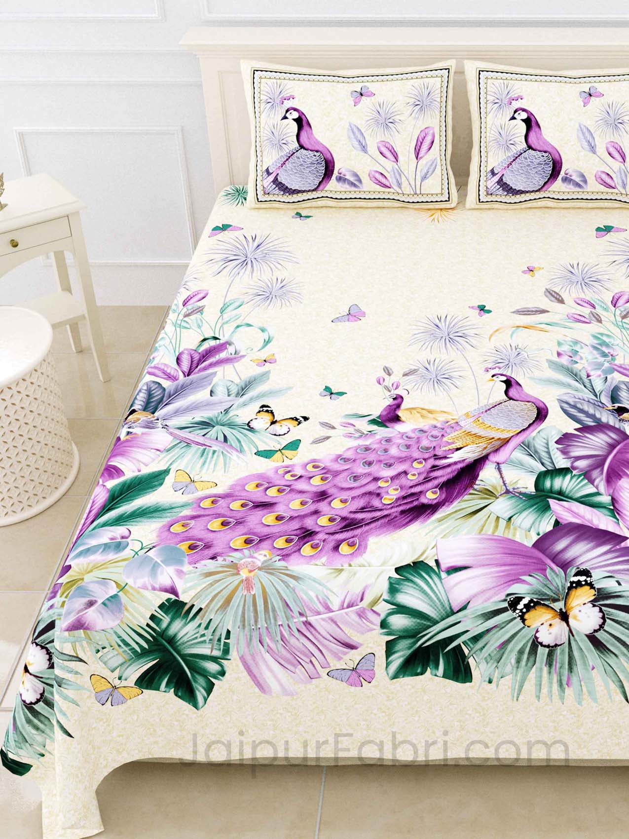 Peacock Lavender Digital Print Luxury Cotton King Size Bedsheet