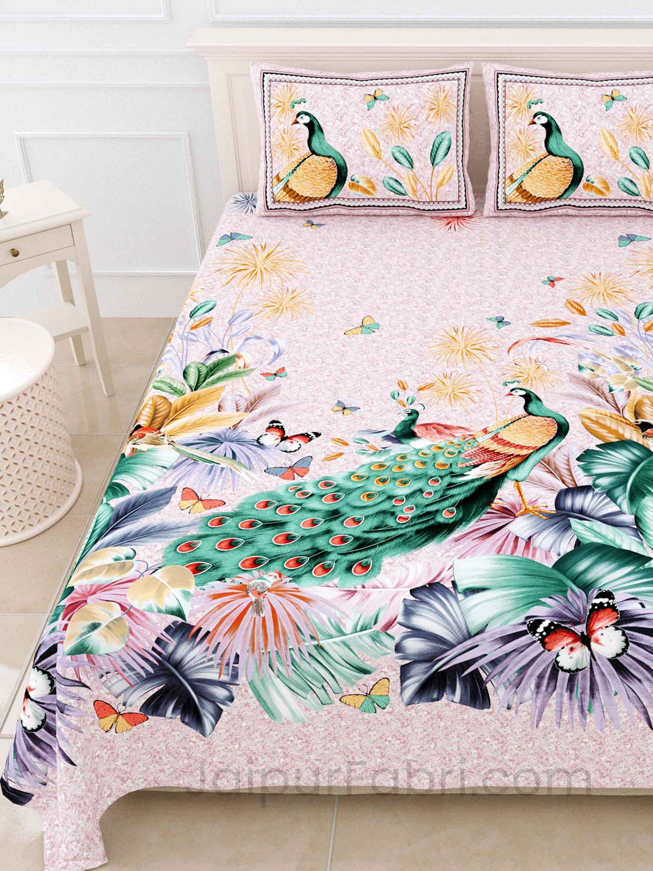 Peacock Green Digital Print Luxury Cotton King Size Bedsheet