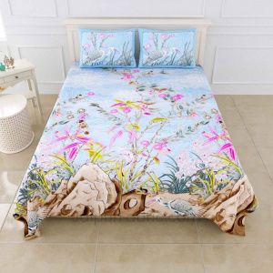 Deep Sea Blue Pink Digital Print Luxury Cotton King Size Bedsheet
