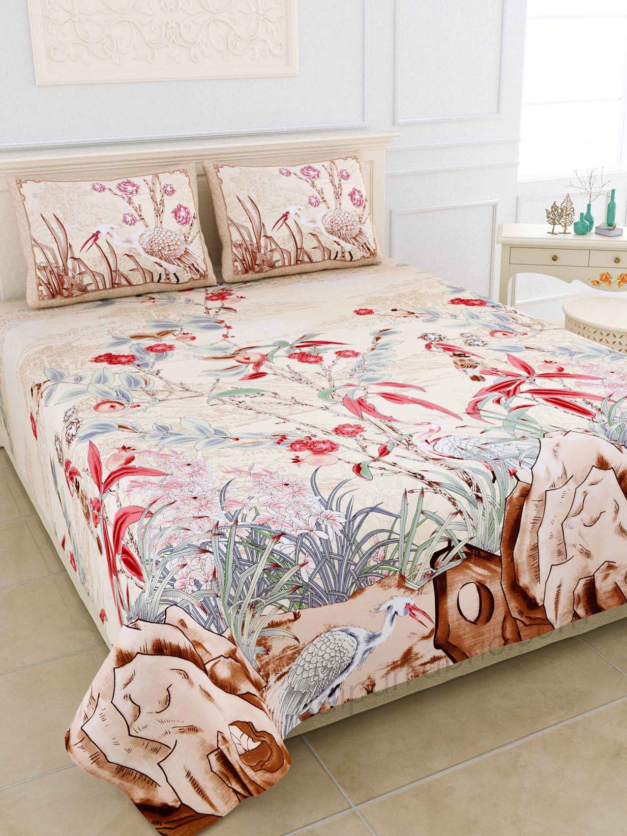 Deep Sea Brown Red Digital Print Luxury Cotton King Size Bedsheet