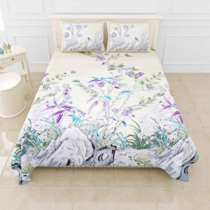Deep Sea Cream Purple Digital Print Luxury Cotton King Size Bedsheet