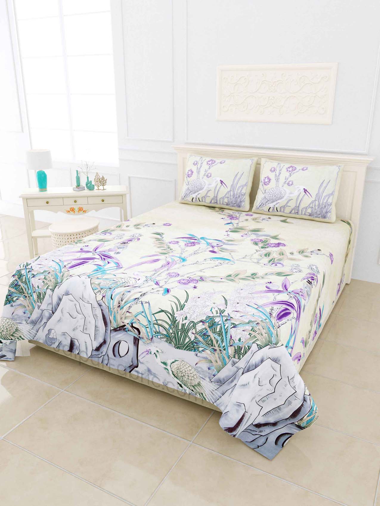 Deep Sea Cream Purple Digital Print Luxury Cotton King Size Bedsheet