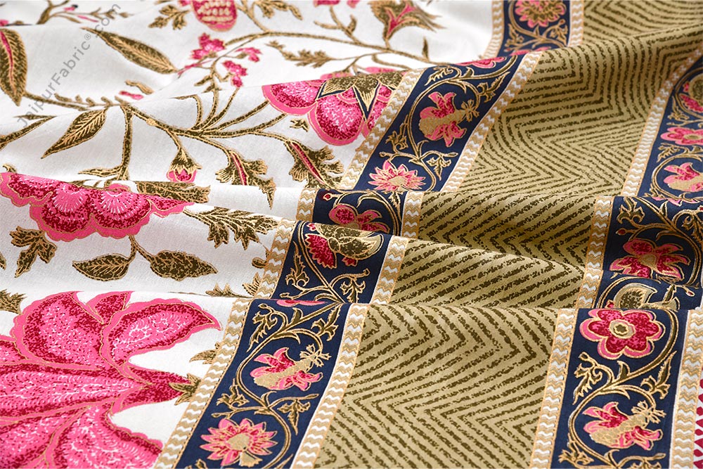 Exotic Floral Pink Khari Gold King Size Bedsheet