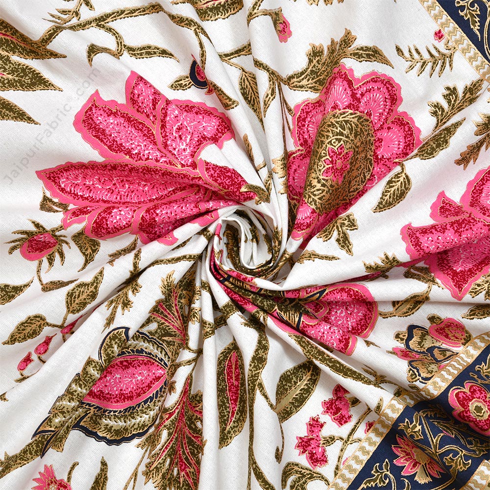 Exotic Floral Pink Khari Gold King Size Bedsheet