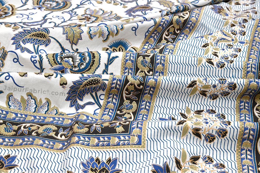 Floral Tales Blue Khari Gold King Size Bedsheet