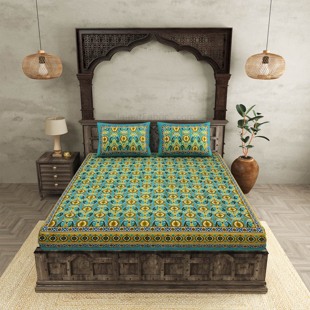 JaipurFabric® Lush Green Ikat Super King Size 10 Feet Wide Premium Cotton Bed Sheet