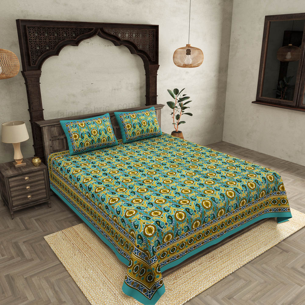JaipurFabric® Lush Green Ikat Super King Size 10 Feet Wide Premium Cotton Bed Sheet