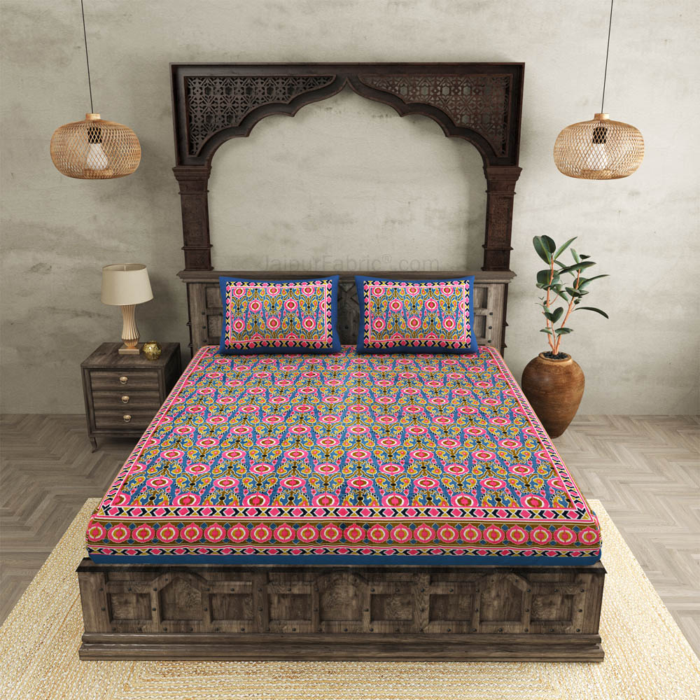 JaipurFabric® Lush Pink Blue Ikat Super King Size 10 Feet Wide Premium Cotton Bed Sheet