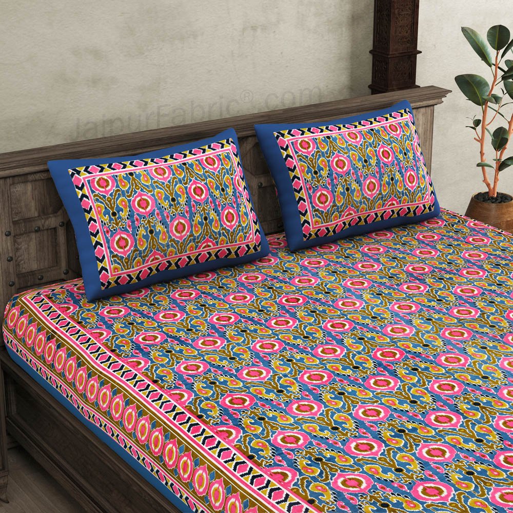 JaipurFabric® Lush Pink Blue Ikat Super King Size 10 Feet Wide Premium Cotton Bed Sheet