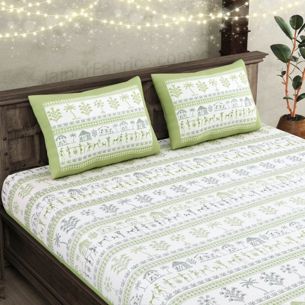 JaipurFabric® Urban Tribals Green Super King Size 10 Feet Wide Premium Cotton Bed Sheet