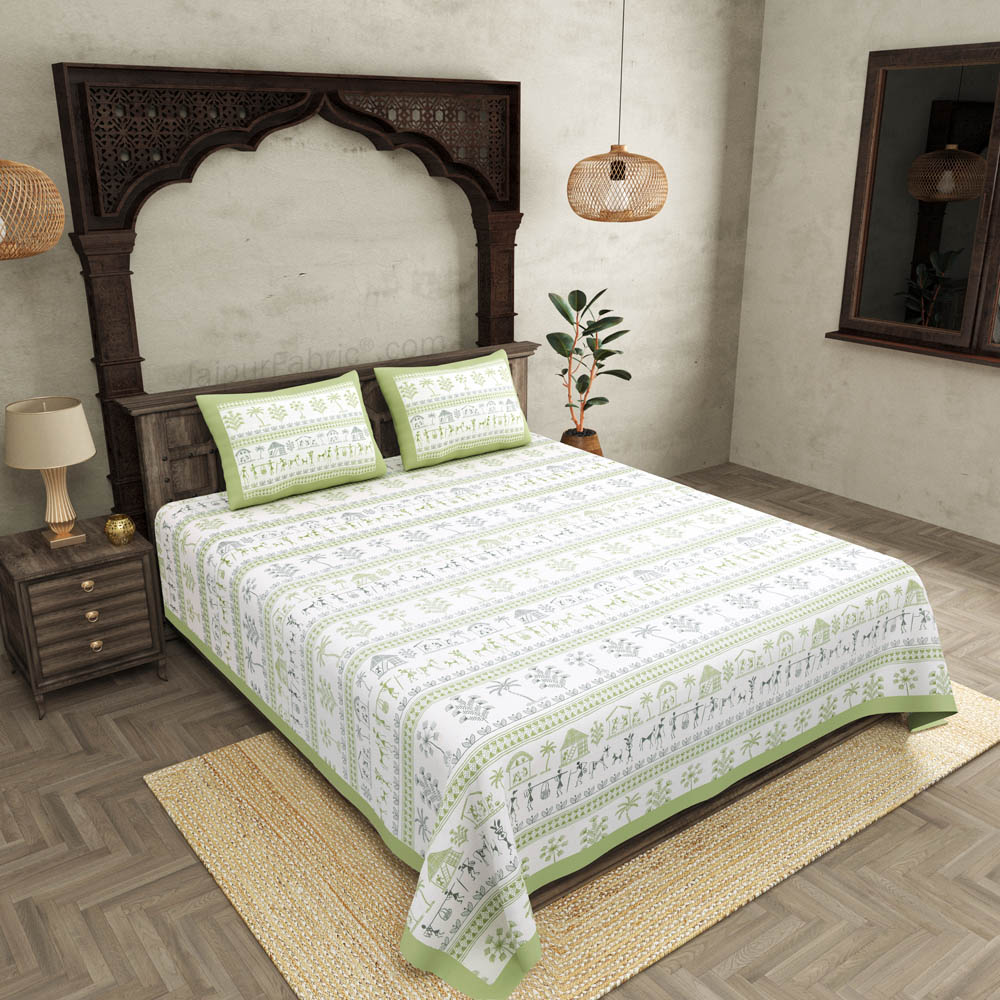 JaipurFabric® Urban Tribals Green Super King Size 10 Feet Wide Premium Cotton Bed Sheet