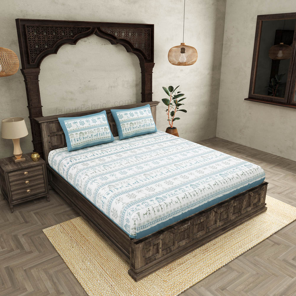 JaipurFabric® Urban Tribals Blue Super King Size 10 Feet Wide Premium Cotton Bed Sheet