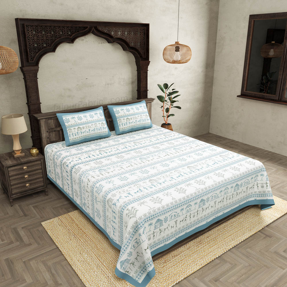 JaipurFabric® Urban Tribals Blue Super King Size 10 Feet Wide Premium Cotton Bed Sheet