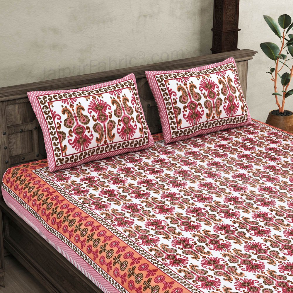 JaipurFabric® Ikat Pink Super King Size 10 Feet Wide Premium Cotton Bed Sheet
