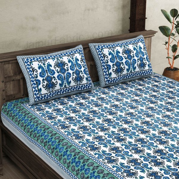 JaipurFabric® Ikat Blue Super King Size 10 Feet Wide Premium Cotton Bed Sheet