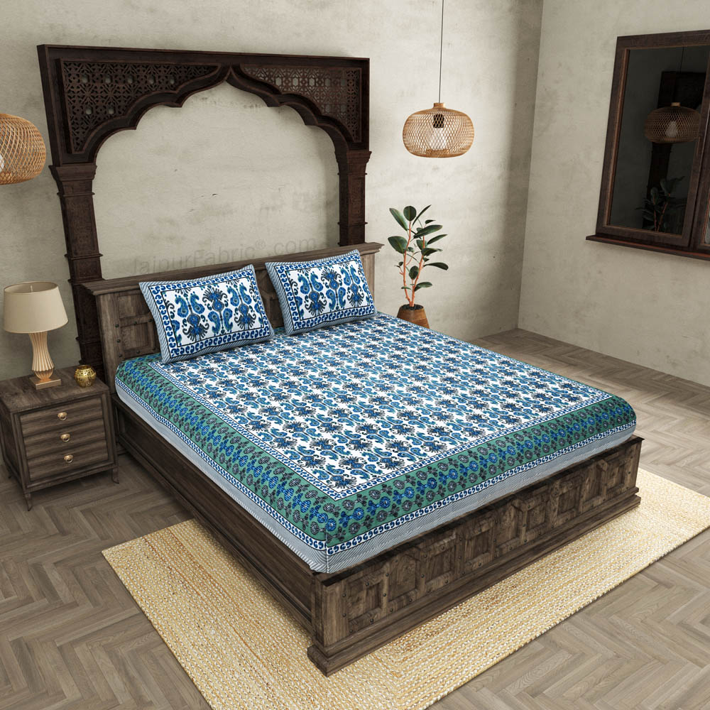 JaipurFabric® Ikat Blue Super King Size 10 Feet Wide Premium Cotton Bed Sheet