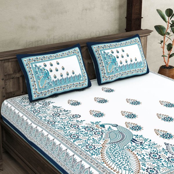 JaipurFabric® Artistic Beauty Contrast Blue King Size 10 Feet Wide Premium Cotton Bed Sheet