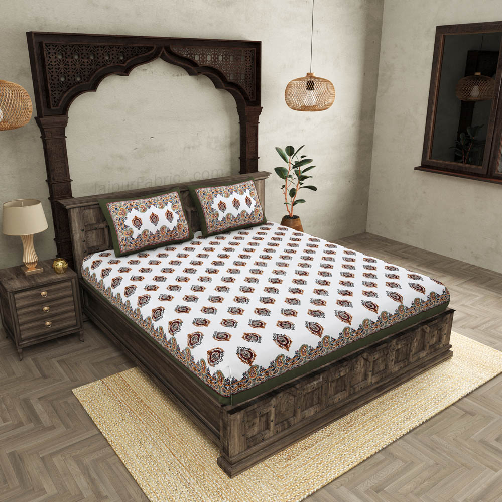 JaipurFabric® Booti Block Print Greenish King Size 10 Feet Wide Premium Cotton Bed Sheet
