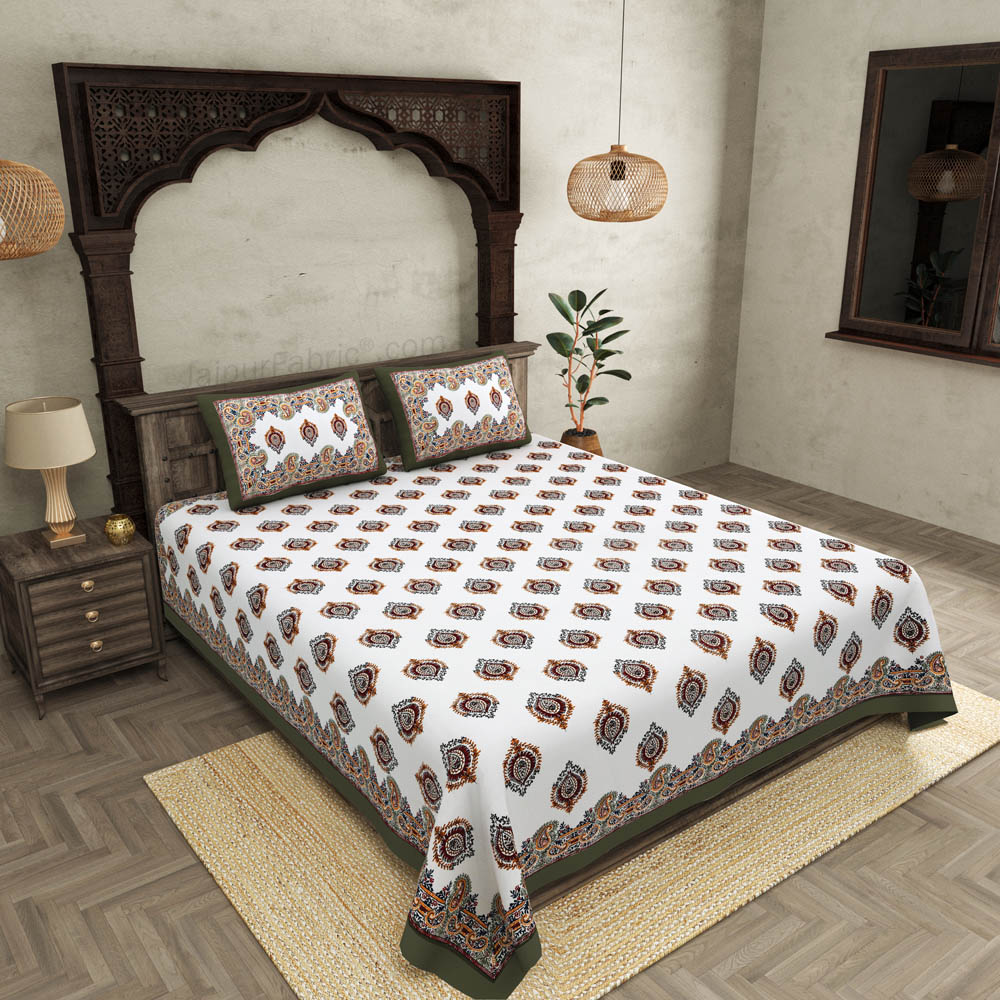 JaipurFabric® Booti Block Print Greenish King Size 10 Feet Wide Premium Cotton Bed Sheet