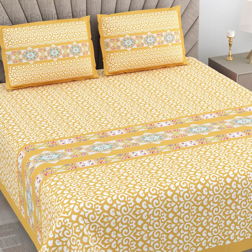 Yellow Ethnic Pure Cotton King Size Double BedSheet