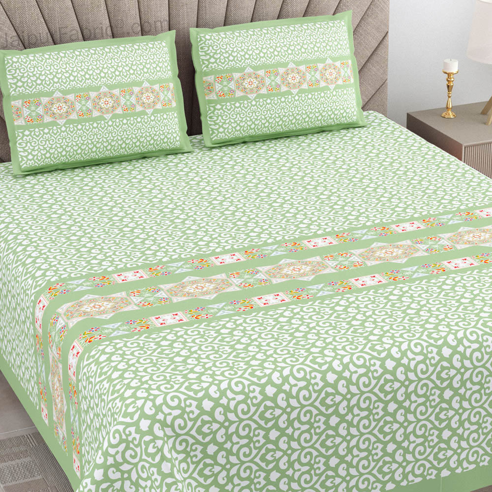 Green Ethnic Pure Cotton King Size Double BedSheet