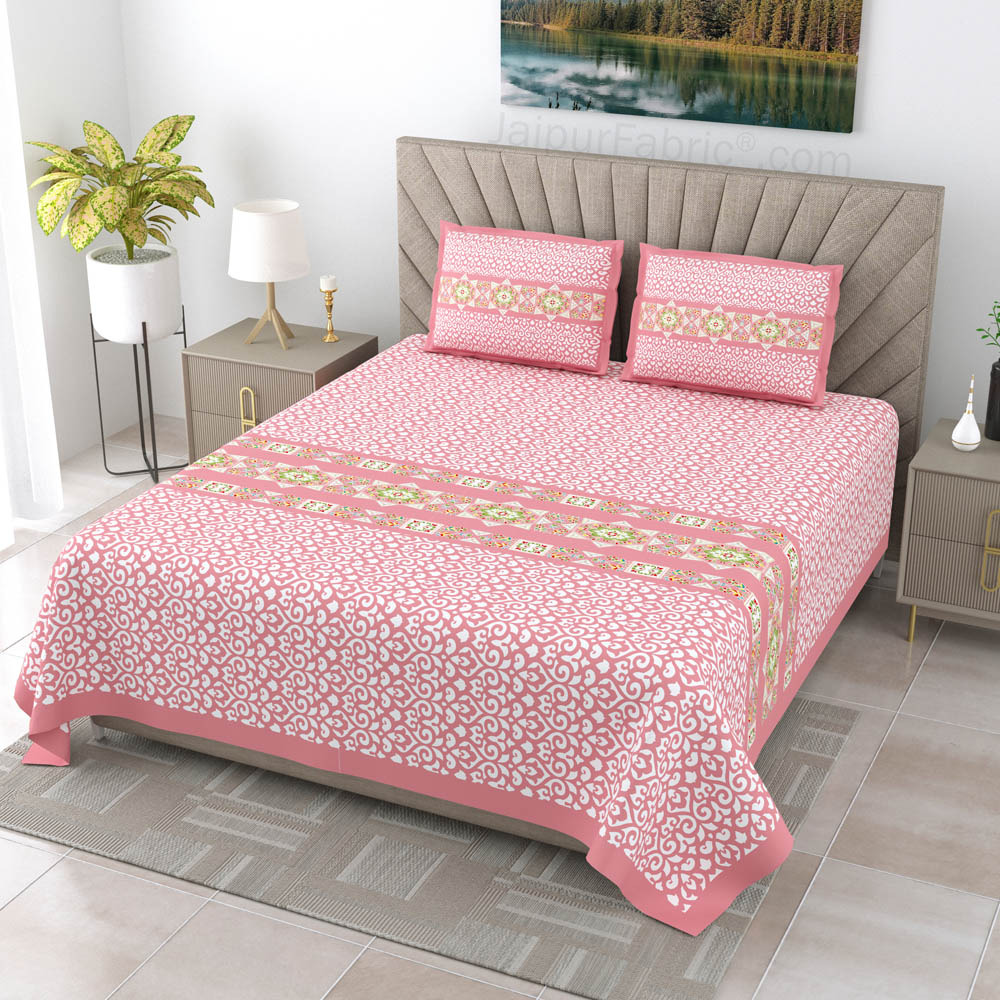 Pink Ethnic Pure Cotton King Size Double BedSheet