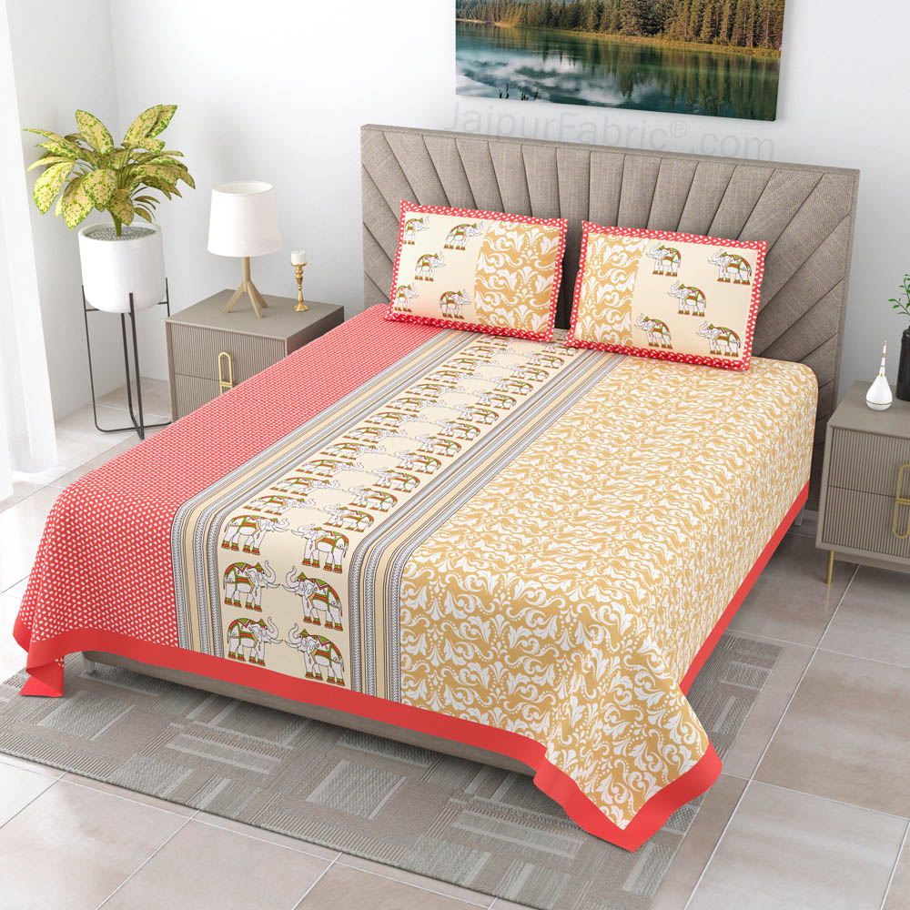 Yellowish Red Traditional Floral Pure Cotton King Size Double BedSheet