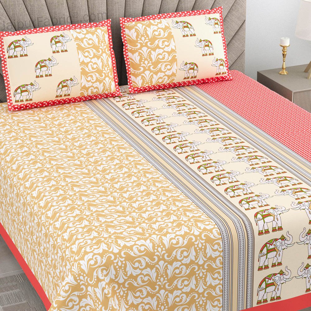 Yellowish Red Traditional Floral Pure Cotton King Size Double BedSheet