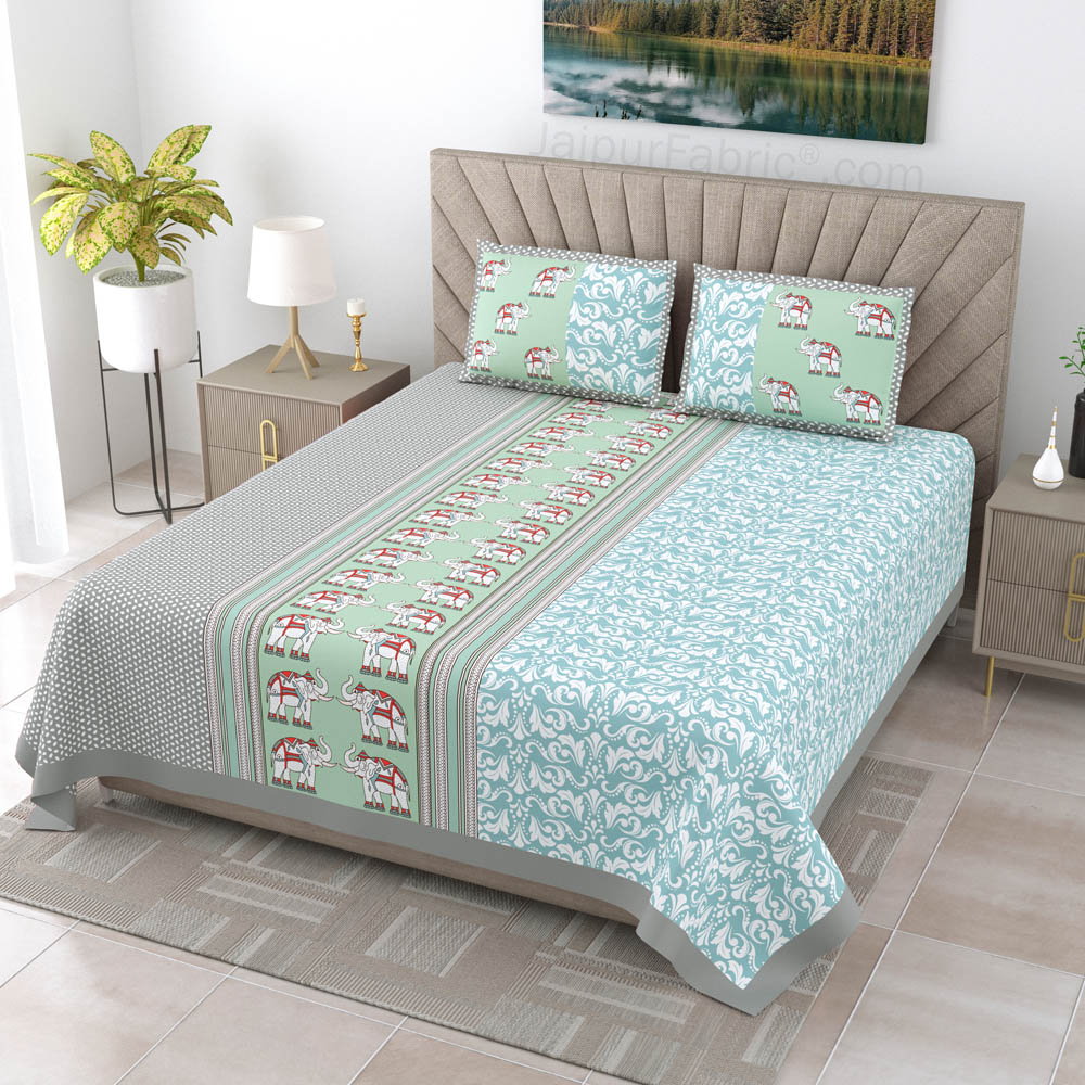 Blueish green Traditional Floral Pure Cotton King Size Double BedSheet