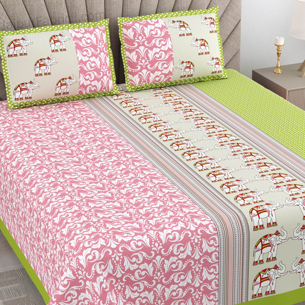 Pinkish Green Traditional Floral Pure Cotton King Size Double BedSheet