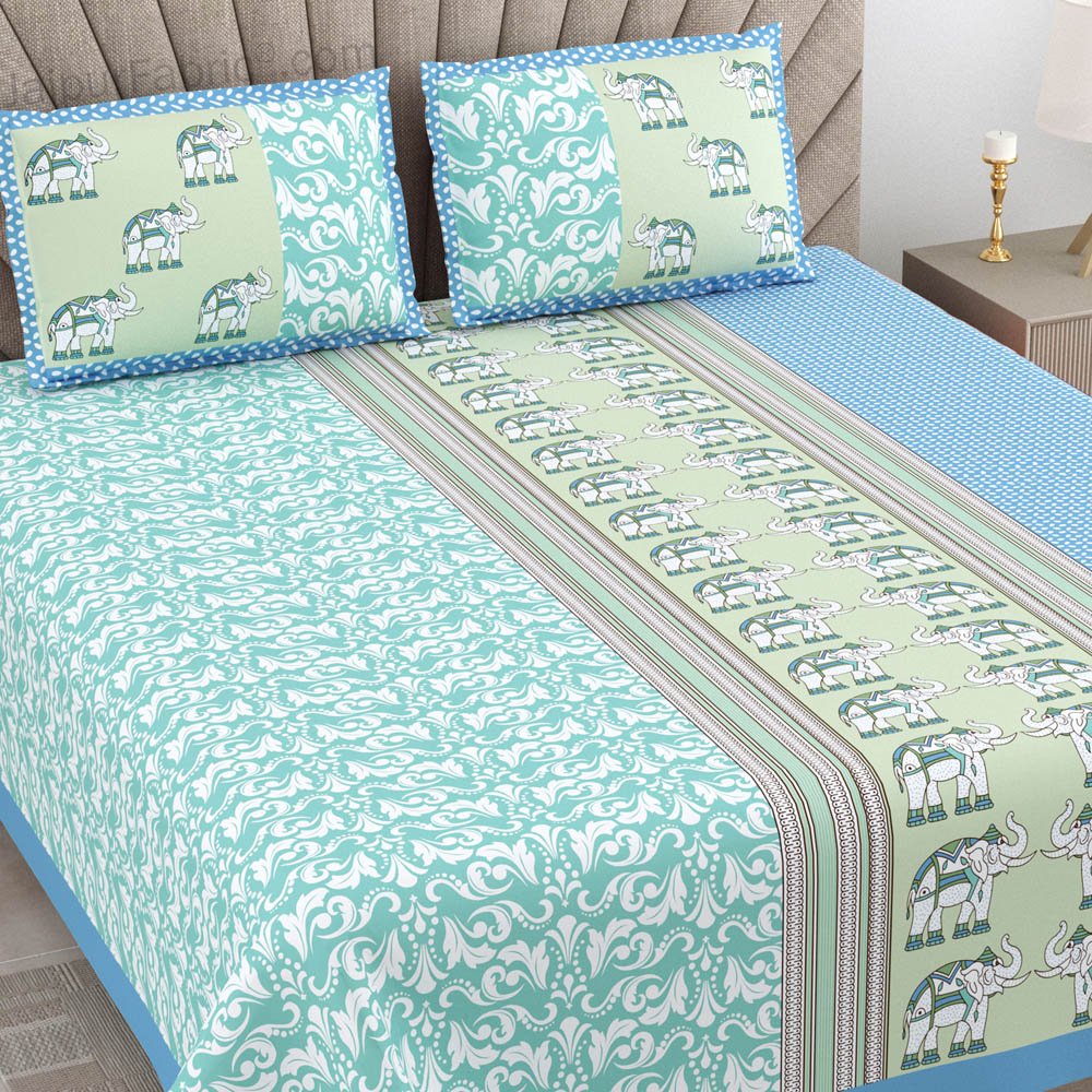 Sea Greenish Blue Traditional Floral Pure Cotton King Size Double BedSheet