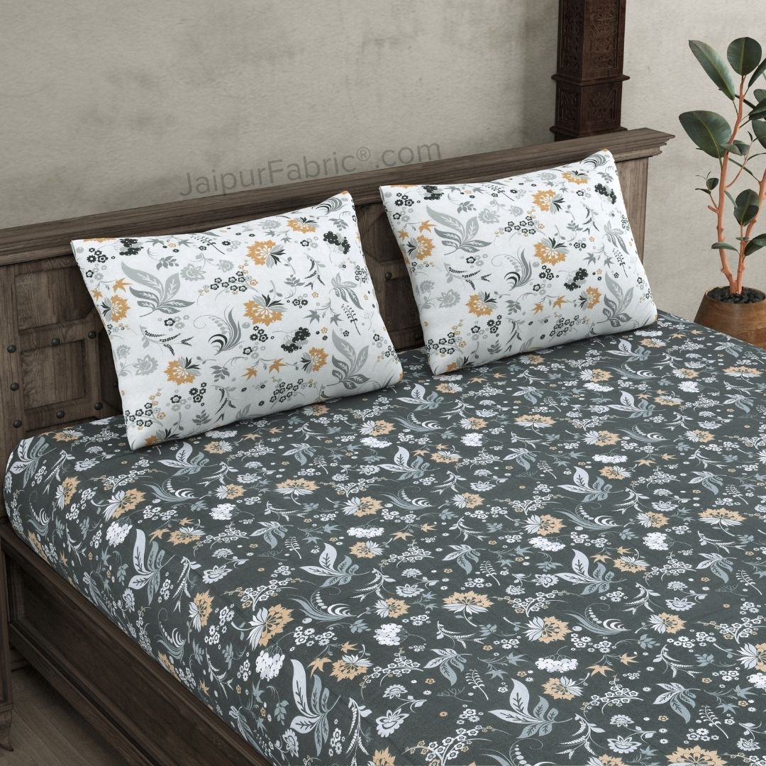 Flowery Spring Grey Cotton King Size Bedsheet