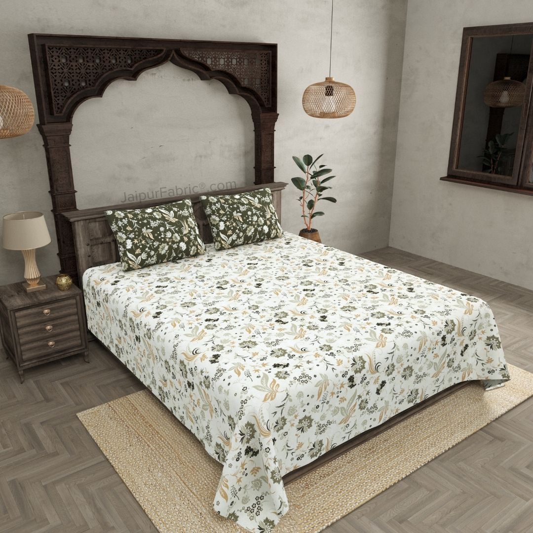 Flowery Spring Off White Green Cotton King Size Bedsheet