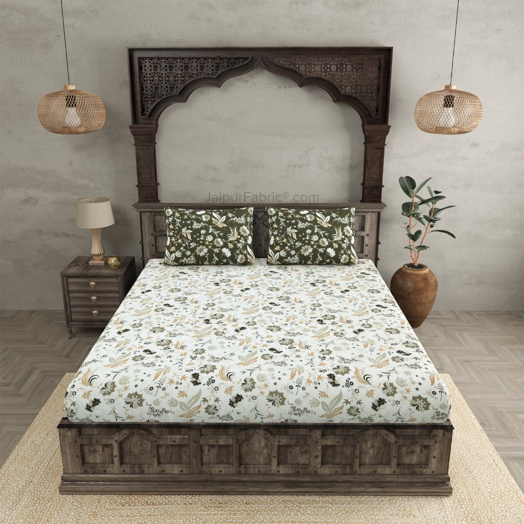 Flowery Spring Off White Green Cotton King Size Bedsheet