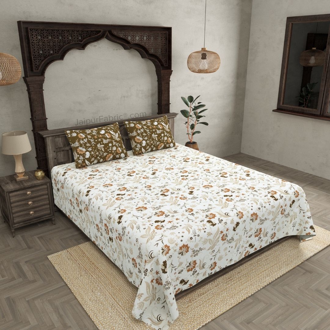 Flowery Spring Off White Sandy Brown Cotton King Size Bedsheet