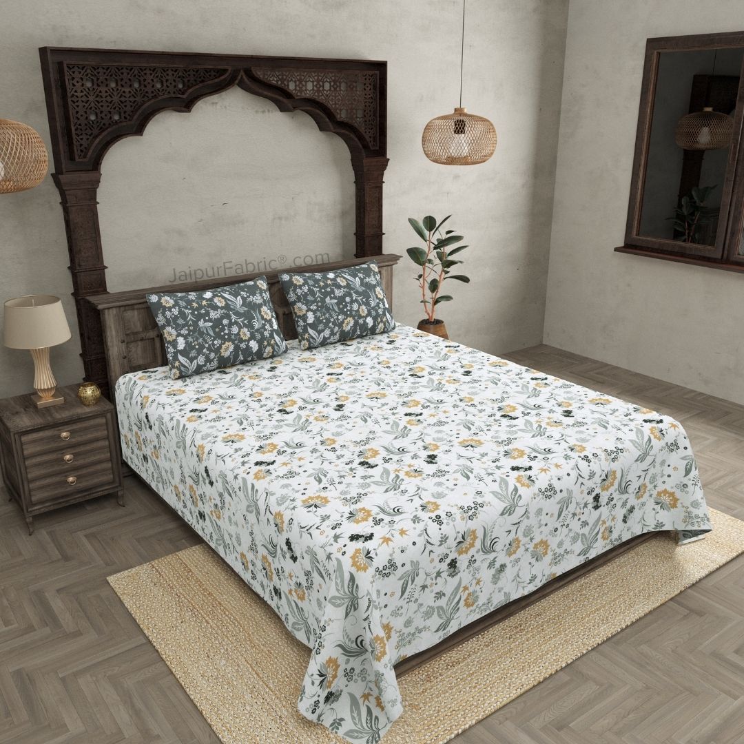 Flowery Spring Off White Grey Cotton King Size Bedsheet